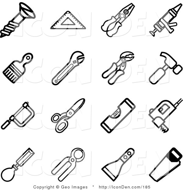 Clip Art Of A Collection Of Sixteen Black And White Tool Icons On
