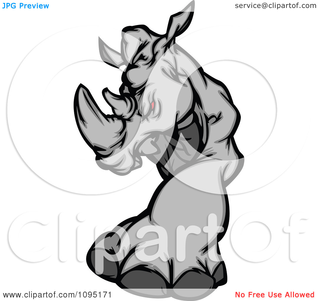 Clipart Mad Red Eyed Rhino Mascot With One Leg Forward   Royalty Free