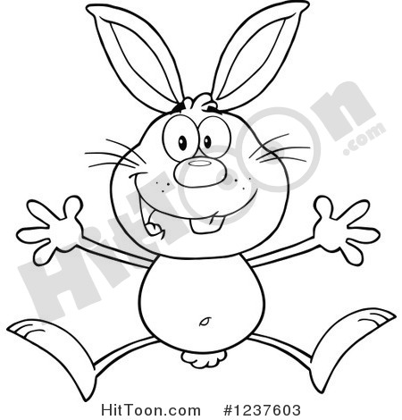 Clipart Of A Black And White Happy Rabbit Jumping Royalty Free