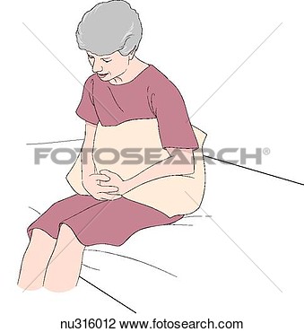 Elderly Female Patient Seated On Bed Holds Pillow To Abdomen While    