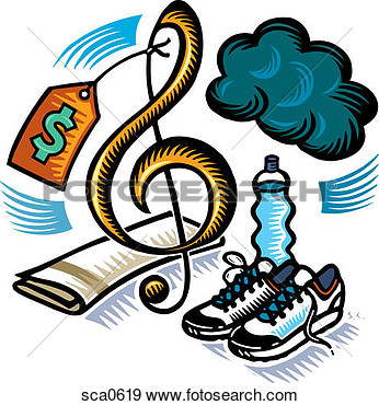 Illustration Of Running Shoes Water A Musical Staff And A Price Tag