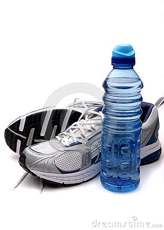 Of Running Or Athletic Shoes And A Bottle Of Water  White Background