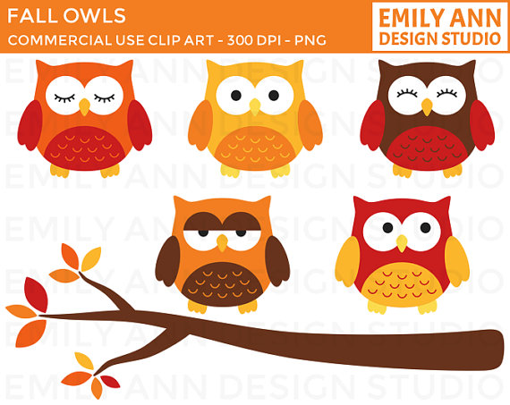 Owls Fall Autumn Cute Clip Art   Red Orange Yellow Brown   Commercial    