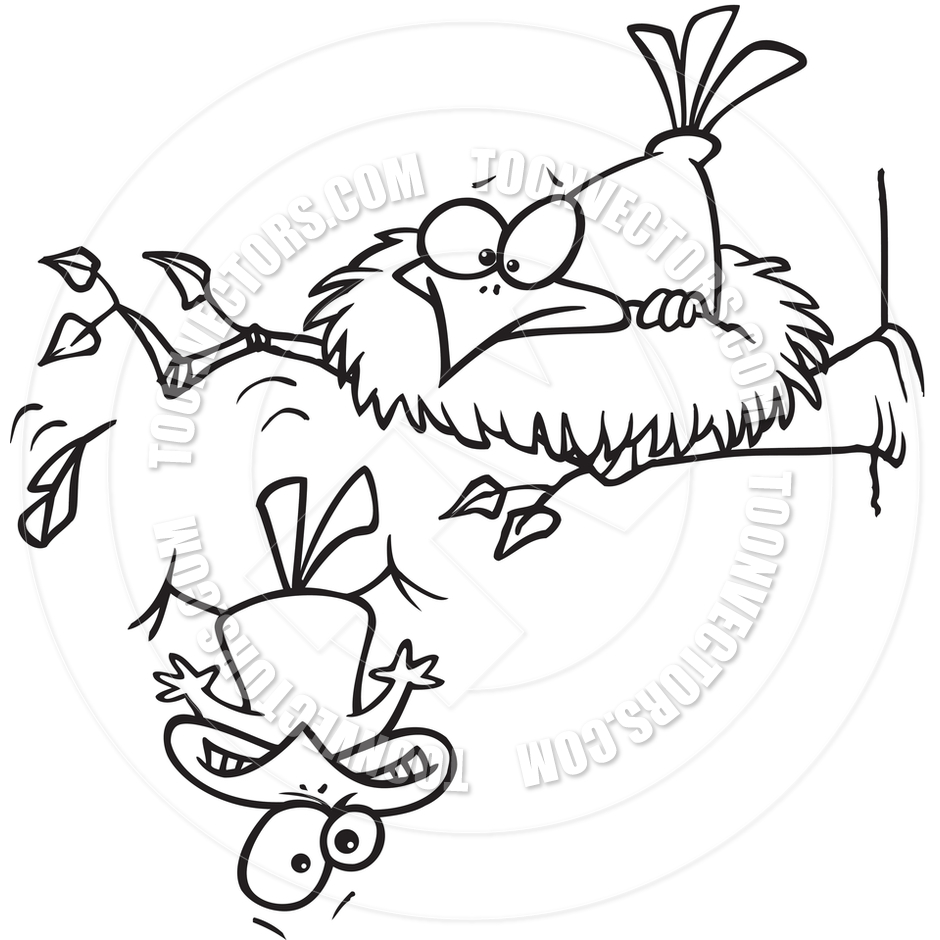 Cartoon Bird Leaving The Nest  Black And White Line Art  By Ron    