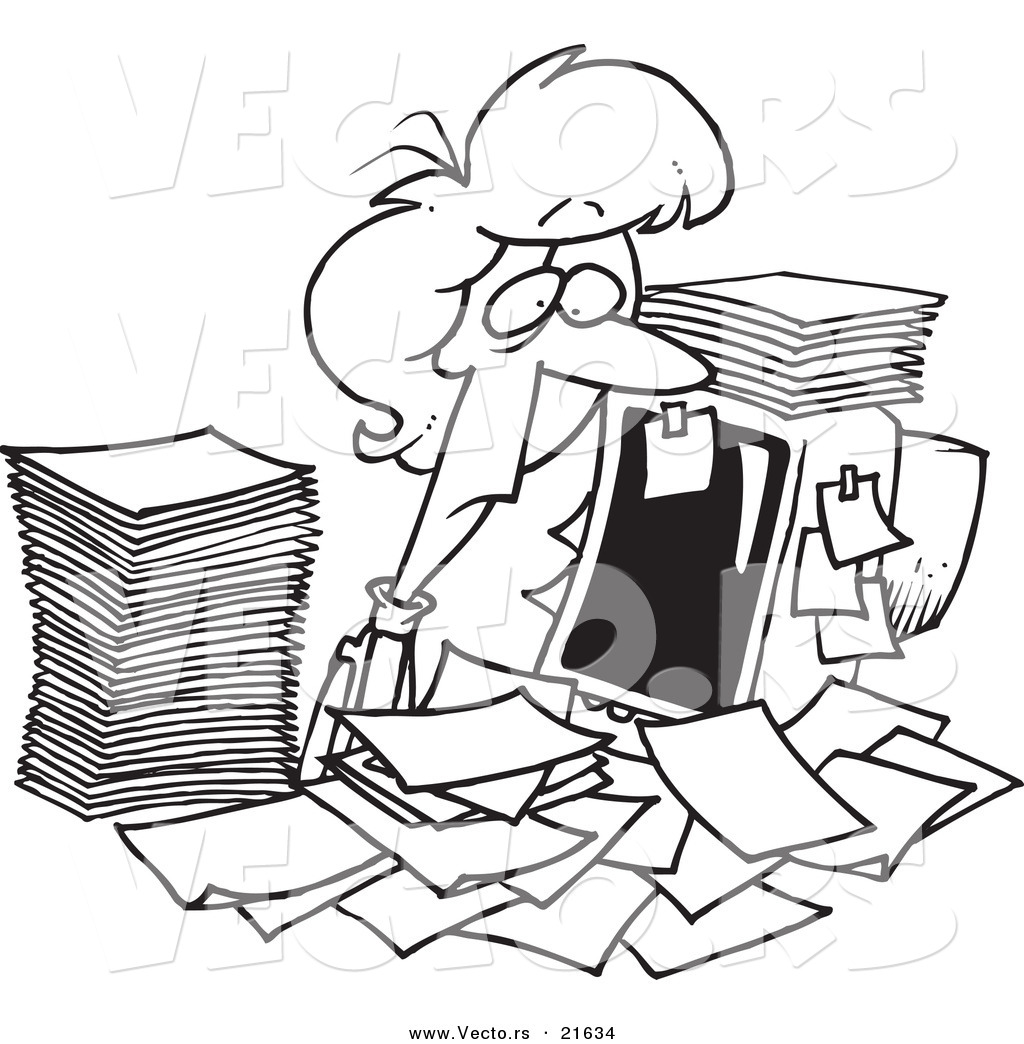 Cartoon Businesswoman Surrounded By Paperwork At Her Office Desk