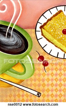Clip Art Of Closeup Of A Cup Of Coffee A Piece Of Pie And Cherries    