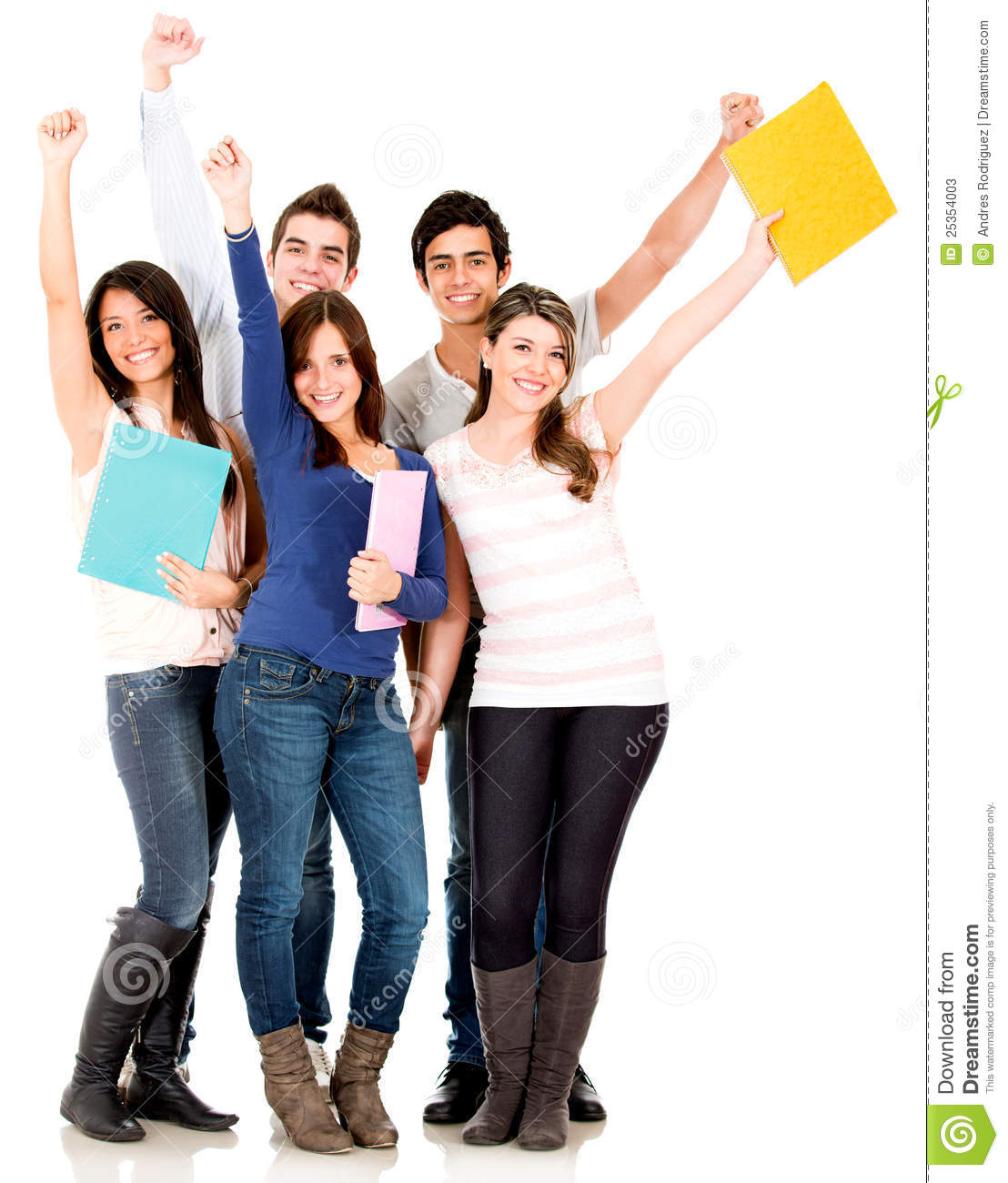 Happy Group Of College Students With Arms Up   Isolated Over White