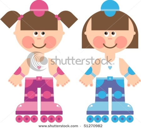 Two Identical Twin Girls On Rollerskates   Vector Clip Art
