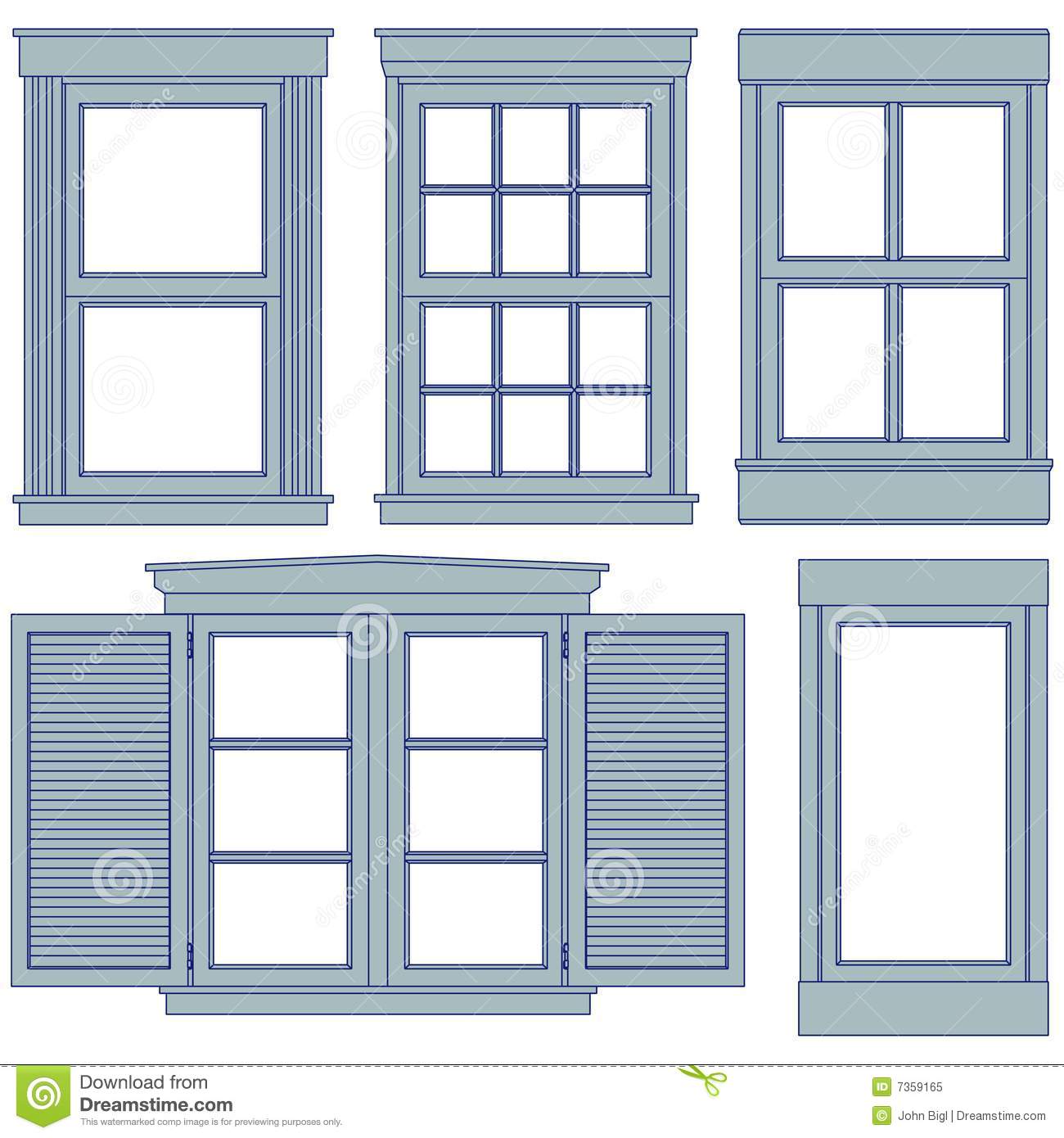 Collection Of Five Window Blueprint Illustrations In Various Styles