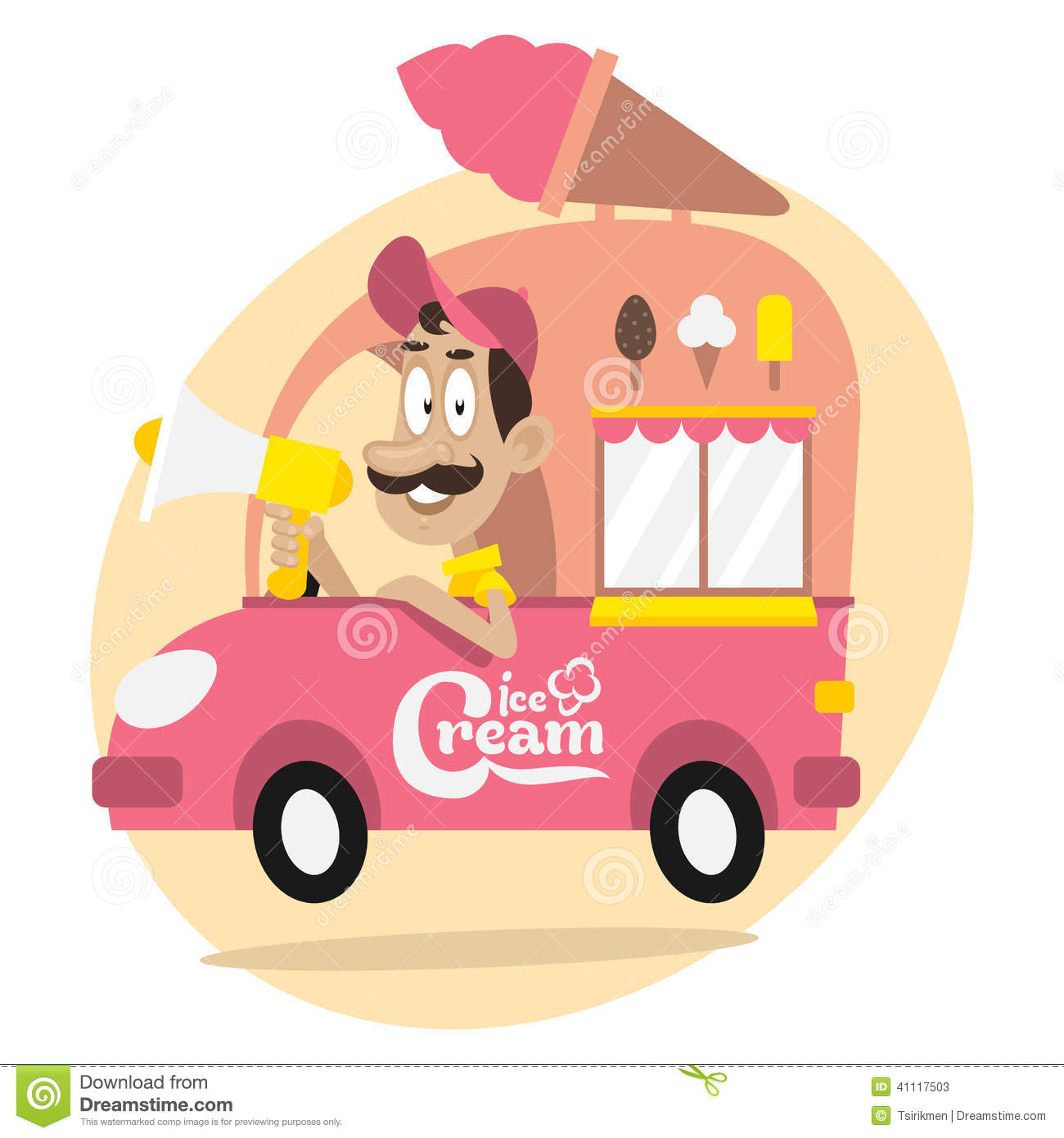 Illustration Ice Cream Truck And Driver With Loudspeaker Format Eps