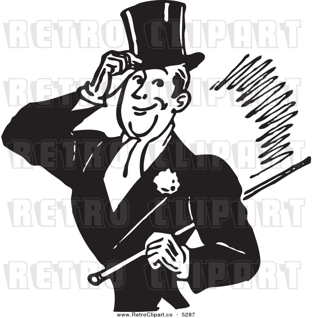 Vector Clipart Of A Black And White Retro Gentleman Tipping His Hat