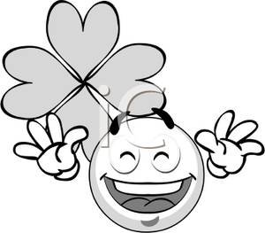     White Smiley Face With Four Leaf Clover   Royalty Free Clipart Picture