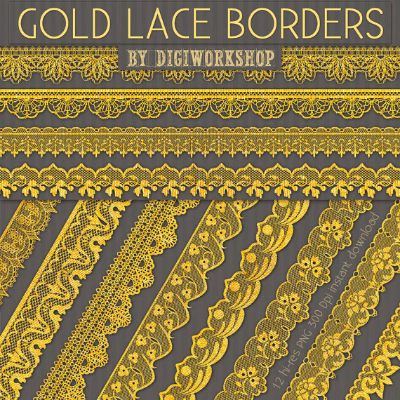 Digital Lace Borders Clip Art  Gold Lace Borders Clipart Set With