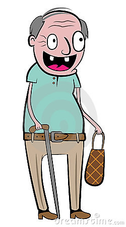 Happy Old Man With A Shopping Bag And A Walking Stick