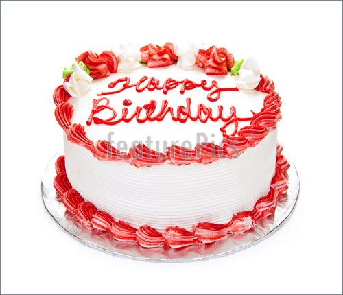 Image Of Birthday Cake With White And Red Icing Isolated On White