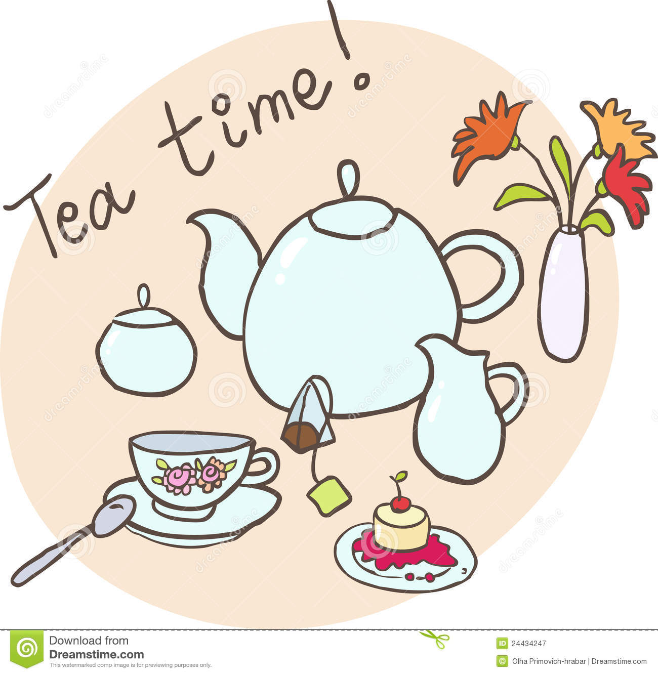 Table Layout For Tea  A Teapot A Cup A Milk Jug A Tea Bag A Vase