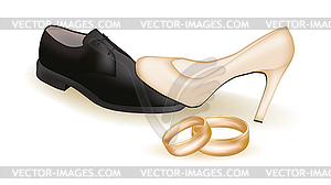 Wedding Shoes And Golden Rings   Vector Image