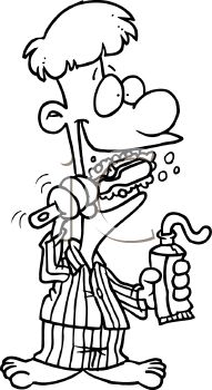 Black And White Cartoon Of A Man Wearing Pajamas Brushing His Teeth    
