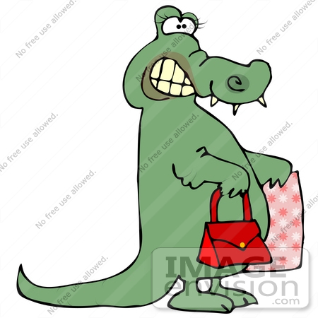 Clip Art Graphic Of A Feminine Alligator Carrying A Purse And Shopping