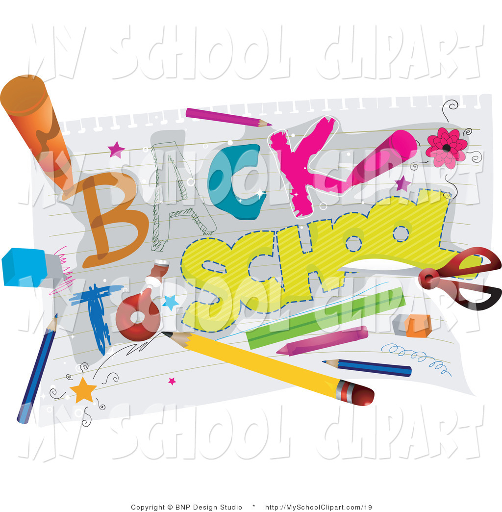 Clip Art Of School Supplies Writing Back To School Text On Paper By