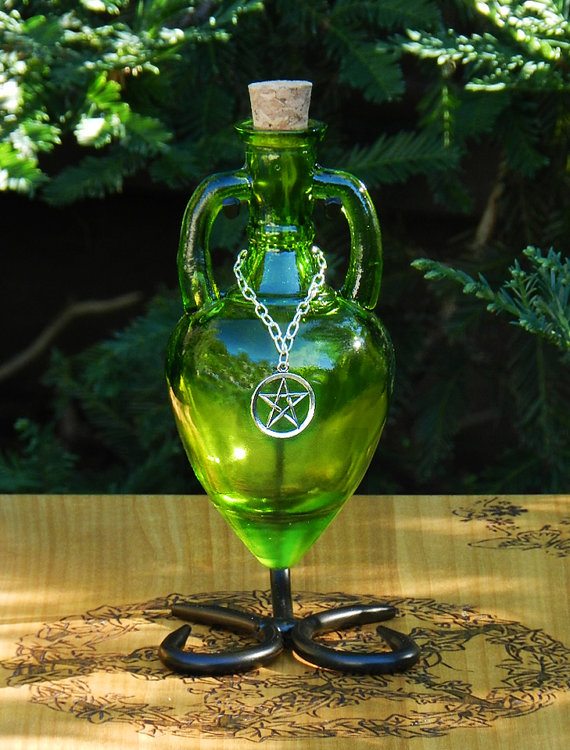Green Witch Ancient Magic Potion Bottle Vessel With Metal Stand