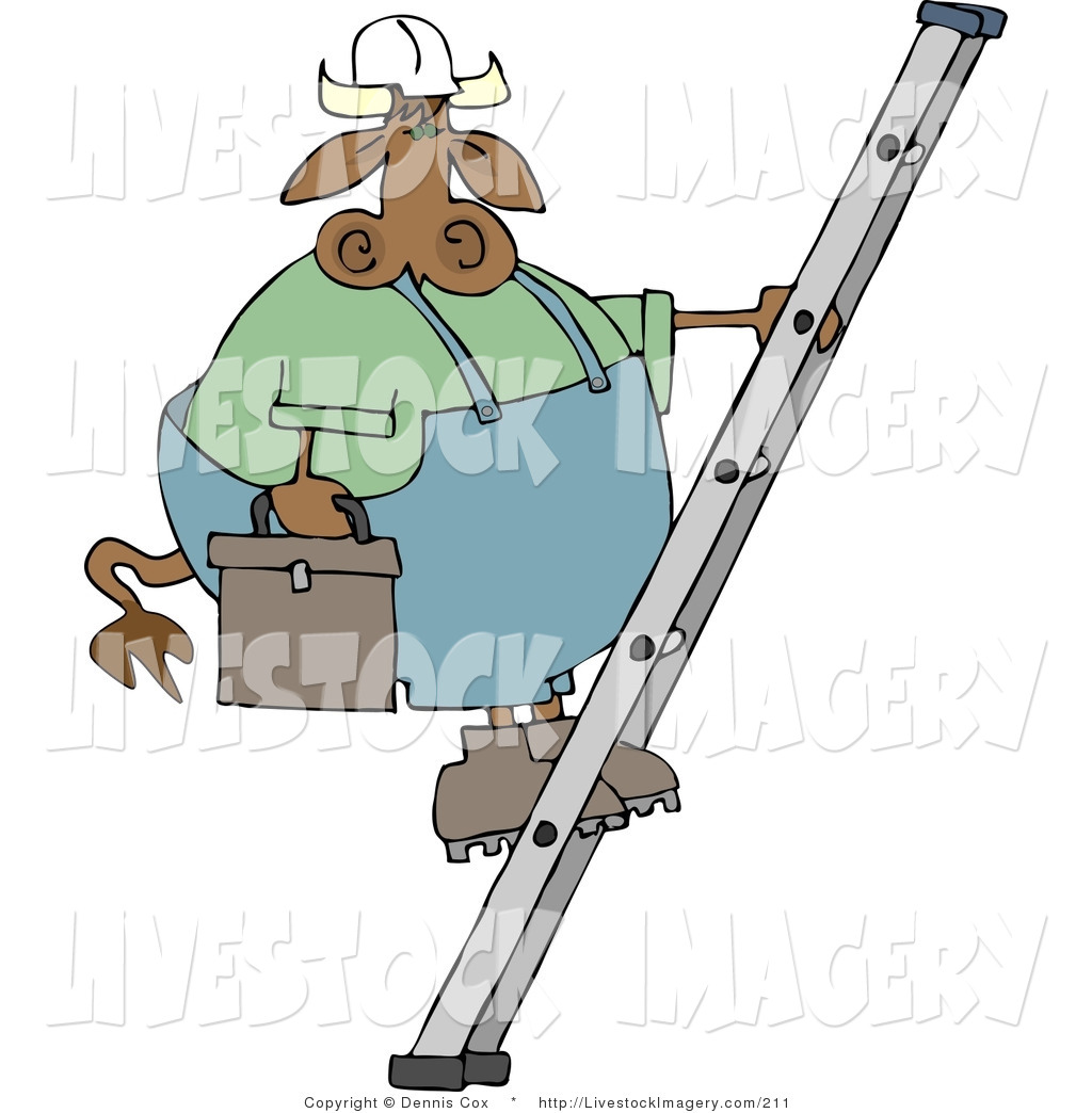 Larger Preview  Clip Art Of A Repairman Cow Climbing Up A Ladder With