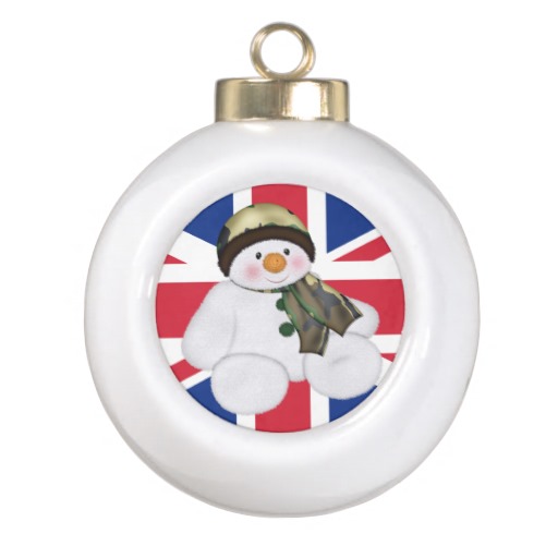 Military Christmas Snowman And Uk Flag Ceramic Ball Christmas Ornament
