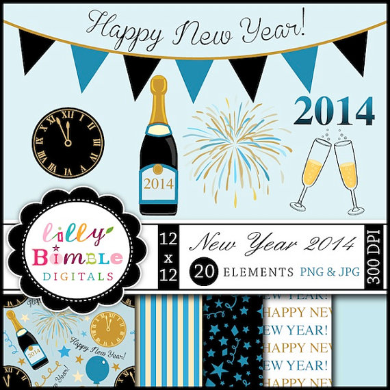 New Years Eve 2014 Clipart Decorations Champagne Bottle Digital Papers