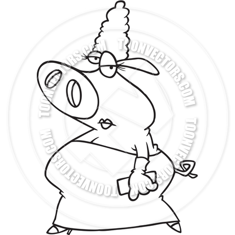 Cartoon Fancy Pig  Black And White Line Art  By Ron Leishman   Toon