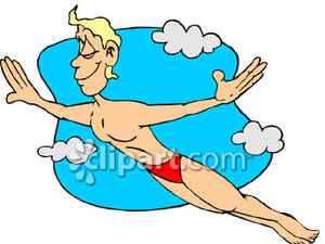 Man Flying Through Blue Sky With Clouds Royalty Free Clipart Picture