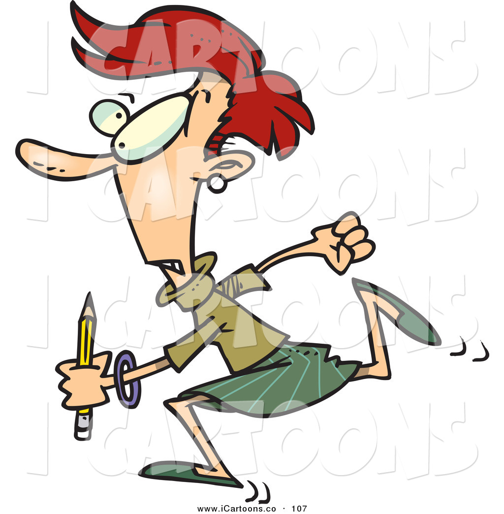 Vector Cartoon Clip Art Of A Teacher Woman Running With A Pencil In