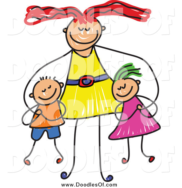 Vector Clipart Of A Doodled Happy Mom Hugging Her Son And Daughter By