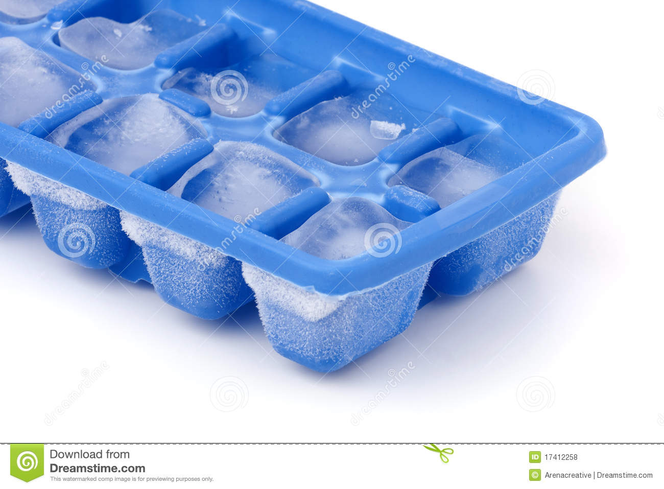 Blue Plastic Ice Cube Tray With Frost On It Isolated Over A White