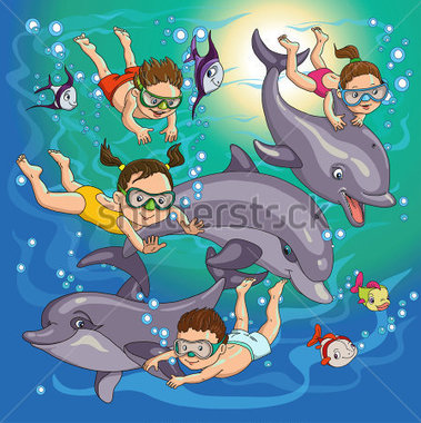 File Browse   People   Cartoon Children Swim With Dolphins And Fish
