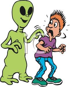 Green Alien Tapping A Scared Man On The Shoulder   Clipart