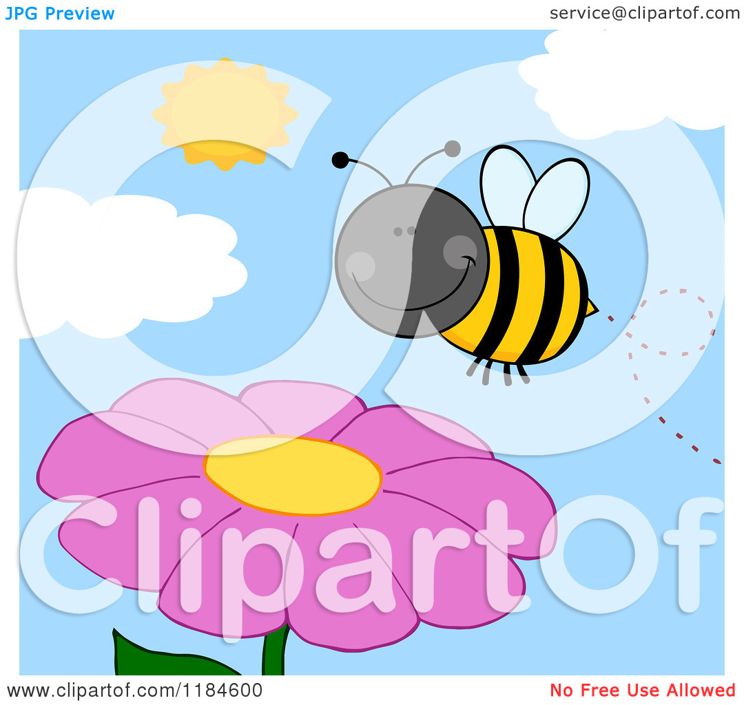 Of A Happy Bumble Bee Over A Pink Flower   Royalty Free Vector Clipart