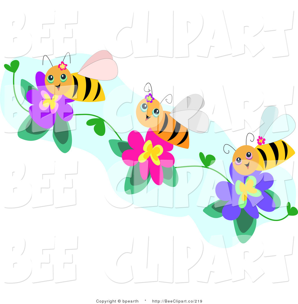 Three Happy Honey Bees Collecting Pollen From Purple And Pink Flowers