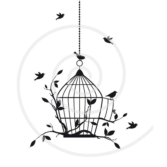 Birds With Open Birdcage And Green Leaves Digital Clipart Clipart