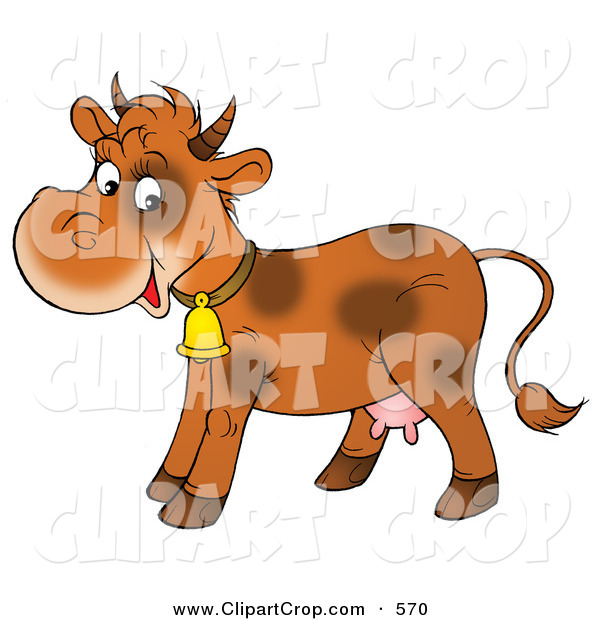 Clip Art Of A Cute Brown Spotted Dairy Cow Wearing A Bell And Smiling