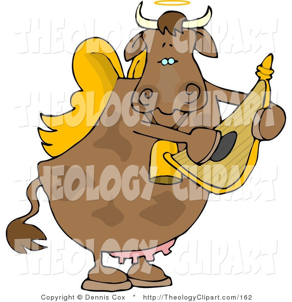 Clip Art Of A Cute Cupid Angel Brown Cow Playing A Small Golden Harp