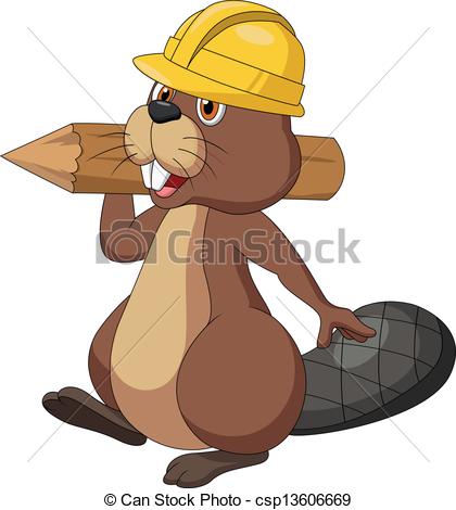 Clip Art Vector Of Cute Cartoon Beaver Wearing Safety   Vector    