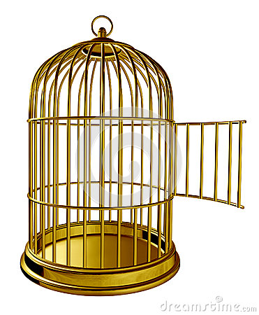 Open Bird Cage As A Golden Brass Metal Prison With An Opened Door As A