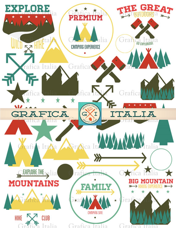 Camping Clipart   Cabin Design Elements   Outdoors Clip Art   32 Items