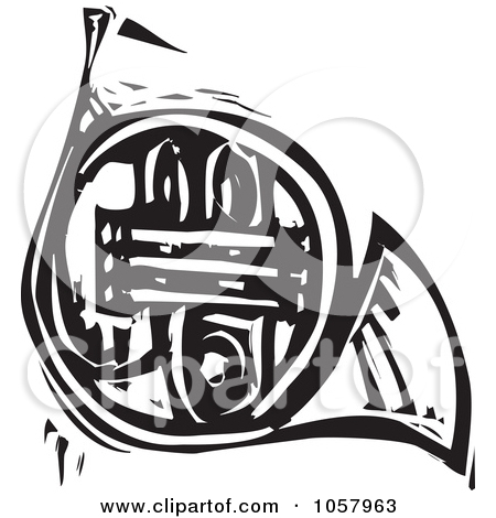 Clip Art Illustration Of A Black And White Woodcut Styled French Horn