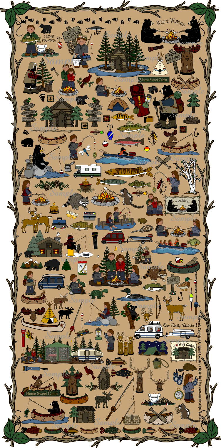 Country Cabin Camping   Fishing Graphics   Clip Art Collection