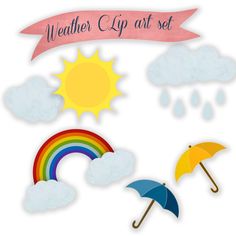 Weather Clip Art   Digital Clipart   Umbrellas Clouds Rainbow Sun