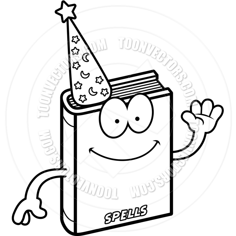 Cartoon Spell Book Waving  Black And White Line Art  By Cory Thoman    