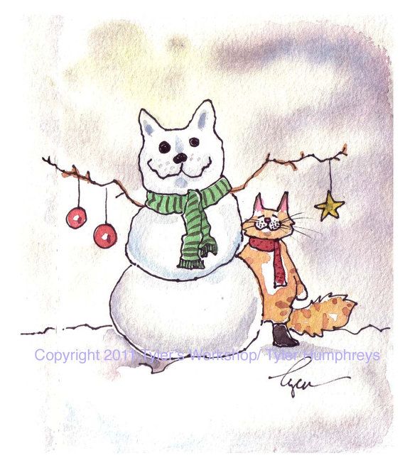 Cat Card  Cat Christmas Greeting Card  Cat Art  Snowman Winter Tabby