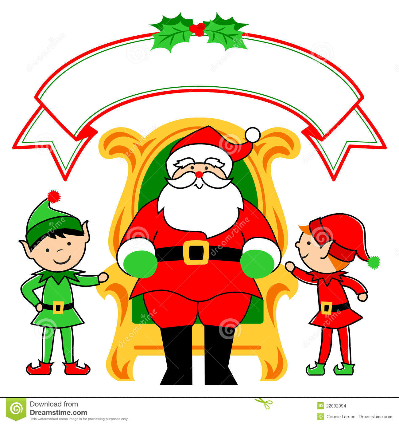 Santa Is Sitting On His Throne With His Christmas Elves In Attendance