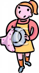     Cartoon Of A Girl Drying Dishes   Royalty Free Clipart Picture